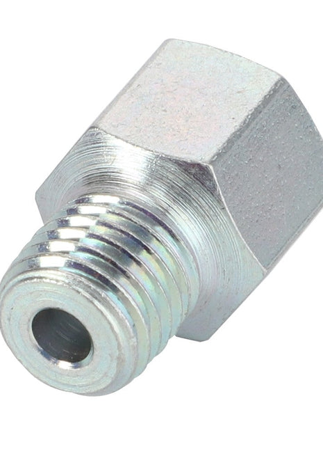 A close-up of the AGCO ADAPTER - D43009900, a metal hex nipple fitting with threaded ends. No current product description information is available for this item.