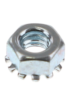 A close-up of the AGCO | Nut - Acp0150700 featuring a toothed washer, showcasing the industrial precision and durability essential for secure assemblies.