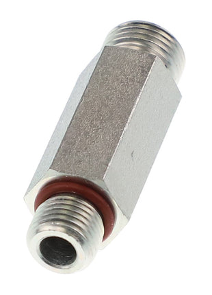 The AGCO | CONNECTOR FITTING - CH164-9869 is a robust metal male-to-male hex nipple connector with threaded ends and a vibrant red O-ring, engineered for seamlessly joining two female threaded pipes or fittings.