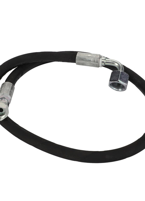 Introducing the AGCO | Hydraulic Hose - Acw3539790 by AGCO: a black hydraulic hose featuring metal fittings on both ends, designed to form an arc.