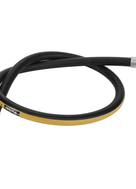 The AGCO | HYDRAULIC HOSE - D45130073 is a flexible, black and yellow hydraulic hose equipped with metal fittings on both ends, and coiled in a loop.