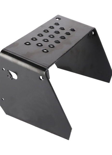 The AGCO Cowl - 3616808M92 is a robust metallic bracket with a perforated top and angled sides, designed with multiple holes and cutouts for mounting or support purposes; it's ideal for use on various tractor models, including Massey Ferguson 2WD/4WD.