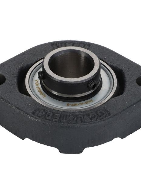 An image showcasing the AGCO BEARING - D41717101 mounted bearing unit, featuring a robust metal inner ring and a sleek black rubber outer casing.