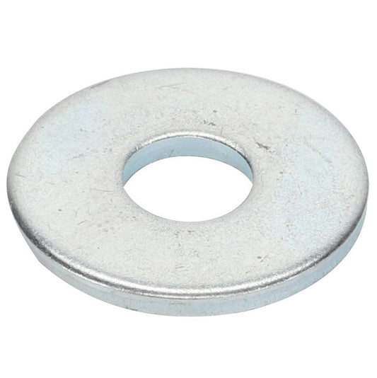 The AGCO WASHER - D46150482, a silver metal flat washer with a central hole, is perfect for securing bolts and distributing load evenly.