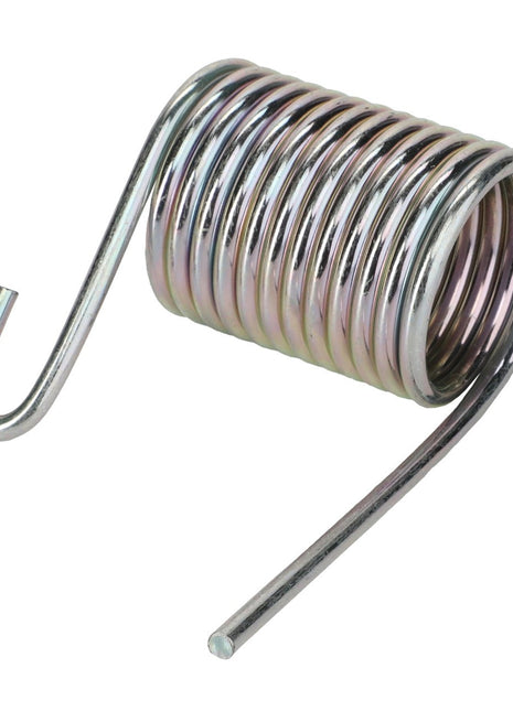 A close-up image of the AGCO | SPRING - D28285087 metal coil spring with one end extending upward and the other end pointing straight. The product description information for this item is currently unavailable.