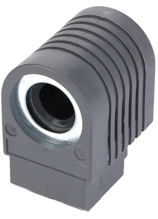 The AGCO Solenoid - F650813500020 is a cylindrical black plastic component with grooved sides and a central metal-lined hole, seamlessly integrating form and function.