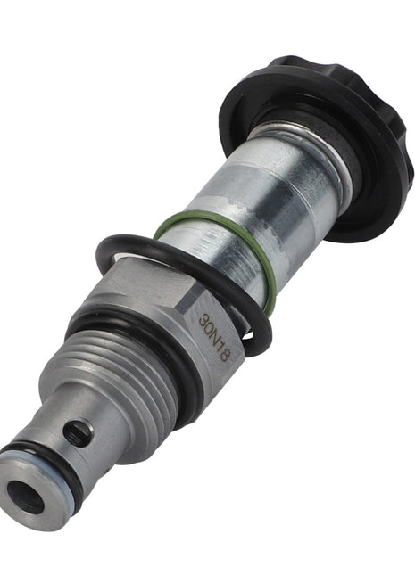 The AGCO Valve - Acp0296700 is a metal hydraulic valve featuring multiple O-rings and a threaded cap on one end, specifically designed for fluid control in mechanical systems.