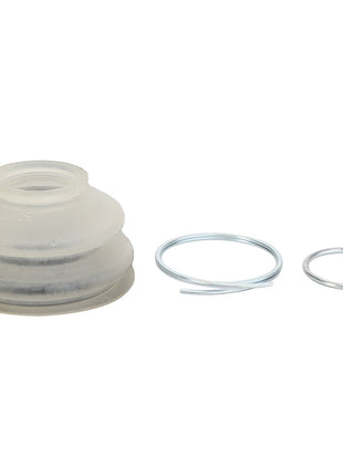 A translucent rubber sealing cup labeled AGCO | Sealing Cup - F334310020650 is accompanied by two metal rings of different sizes, all arranged on a plain white background. This product is from the AGCO brand. No current product description available.