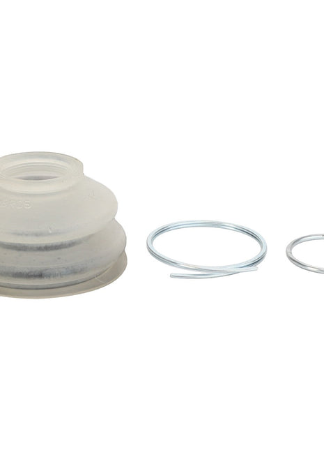 A translucent rubber sealing cup labeled AGCO | Sealing Cup - F334310020650 is accompanied by two metal rings of different sizes, all arranged on a plain white background. This product is from the AGCO brand. No current product description available.