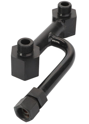 The AGCO ADAPTER - AL1120412 is a black metal pipe fitting featuring three threaded connection points, engineered to seamlessly join various plumbing components for optimal utility and durability.