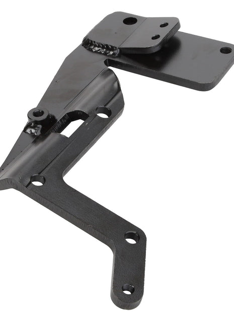 The AGCO | Bracket - Acw0713410 from AGCO is a durable black metal hinge bracket with multiple angles, several mounting screw holes, and a welded section for enhanced durability.