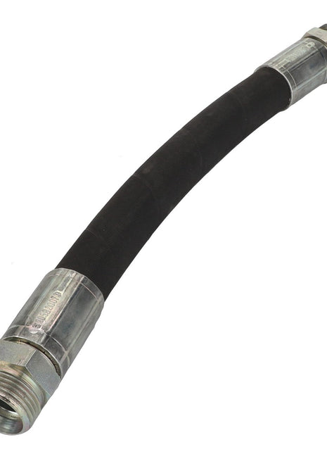The AGCO | Hydr. Hose - Acw094118A, a black, flexible hose featuring metallic threaded connectors on both ends, is designed for fluid or gas transfer. Note: No current product description information is available.
