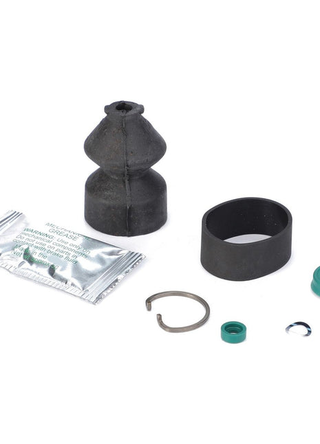 The AGCO Repair Kit, Master Cylinder - 1810834M91 includes a rubber boot, a black cylinder, a small teal ring, a metal ring, a packet of grease, and a small metal washer—perfect for Massey Ferguson clutch repair with Genuine AGCO Parts.