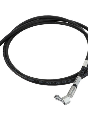 An AGCO COOLER Hydraulic Hose (model ACP0533560) featuring a sleek black exterior with silver metal fittings, meticulously coiled for optimal storage.