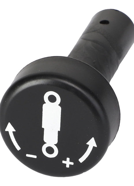 The AGCO | Knob - Acw1028600 from AGCO is a sleek black knob featuring a white graphic with two directional arrows, symbols for plus and minus, and a central figure.