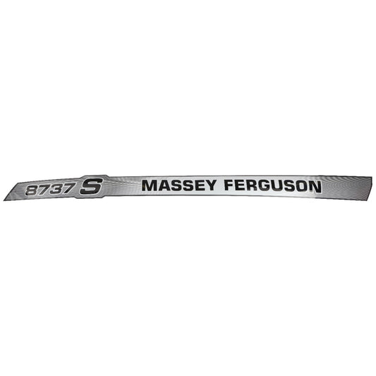 A metallic AGCO nameplate with "MASSEY FERGUSON 8737 S" text in black on a gray and white background, identified as Decal - Acw3729690. No current product description information is available.
