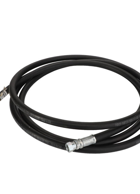 The AGCO | Hydraulic Hose - Acp0012500 is a coiled black rubber hose featuring metal connectors at both ends. No current product description available.