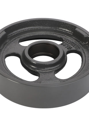 Take a close look at the AGCO Idler Pulley (La300015561), constructed from heavy-duty cast iron. This component features a central hole and three elongated slots, tailored for industrial machinery or mechanical applications. The wheel is dark grey with a smooth, polished surface, embodying both durability and precision. Note: No current product description available for this item.