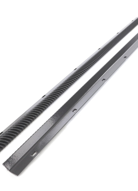 Product Description: The AGCO Pair Of Bars - La313241700 includes two black metal linear racks from the AGCO brand. One rack has a gear-toothed design, while the other is smooth with evenly spaced holes. No further product description is currently available.