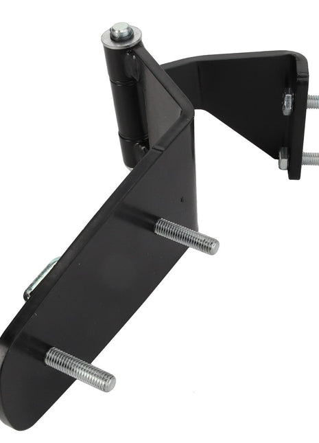 Image of the AGCO | Hinge - Acp0423460, a black metal hinge bracket from AGCO featuring three protruding bolts and a pin joint at the top. The bracket is designed for heavy-duty use and has a 90-degree angle configuration. No current product description available.