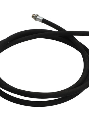 A coiled AGCO black rubber hose, model Acp0294580, featuring metal connectors at both ends, is displayed prominently against a pristine white background.