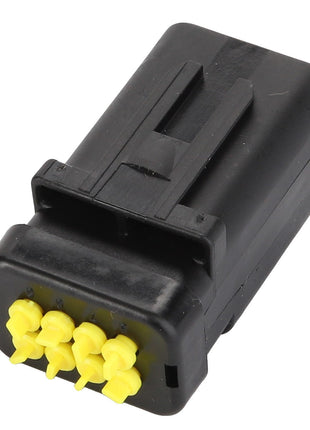 Introducing the AGCO Cap - Acw5178550, a black and yellow electrical connector featuring six terminals, ideal for use in electronic devices. The casing is black with internal prongs that are yellow, aligning with its distinct design specifications.