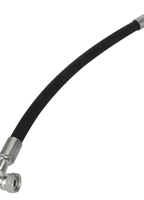 The AGCO | Hydraulic Hose - Acw2338590 is a flexible black rubber hose featuring two metal connectors: one angled, one straight. It is designed for durability and easy installation.