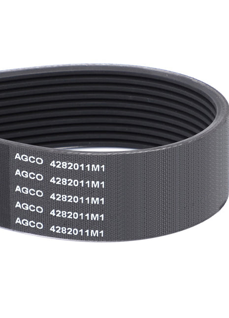 A close-up image of an AGCO Genuine Serpentine Belt, featuring a black multi-ribbed design and the 4282011M1 part number repeatedly printed on its surface, designed for Valtra and Massey Ferguson Models.