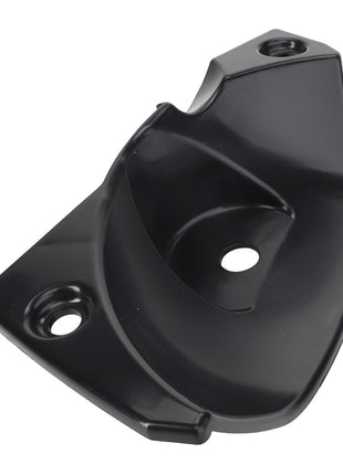 No current product description information is available for the AGCO | Cover - Acw0645100 black plastic bracket, which features three holes for mounting purposes and boasts angular lines with curved edges.