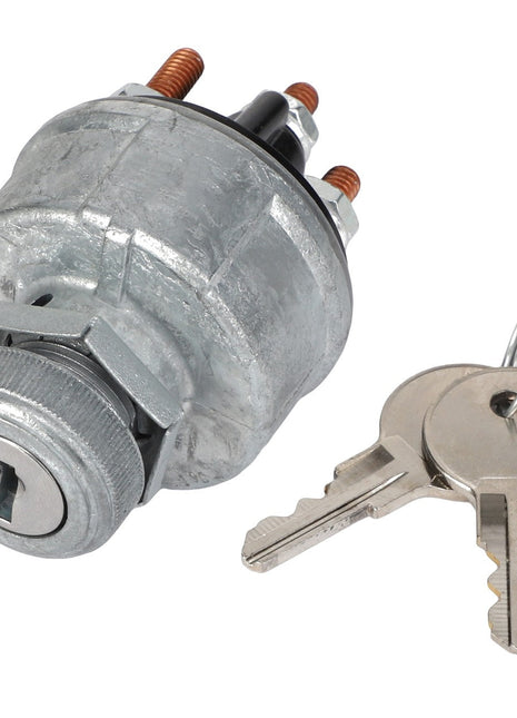 The AGCO IGNITION SWITCH - AG520862 is a durable metal switch featuring two attached keys on a keyring, multiple terminals for secure electrical connections, and a reliable cylindrical lock mechanism.