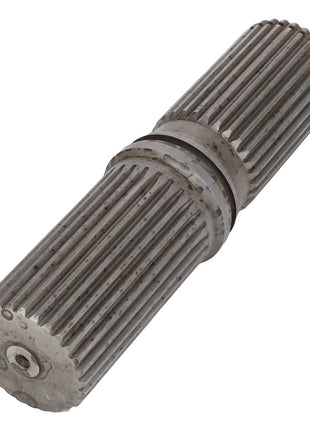 A metal cylindrical gear called the AGCO | INPUT SHAFT - AG331449 from the brand AGCO, featuring ridges and grooves along its length and connected at the center.