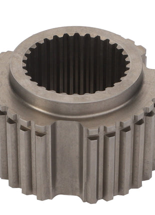 A gray, metallic DISC BRACKET - F743300021550 from AGCO, featuring inner and outer teeth and used in mechanical assemblies, is shown against a plain white background. No current product description information is available for this item.