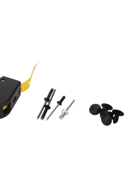 Image of an AGCO Indicator Device - F737812330040 hardware kit, including a black plastic component with a yellow extension, two black rods, a metal screw, four black clips, and a white spherical item.