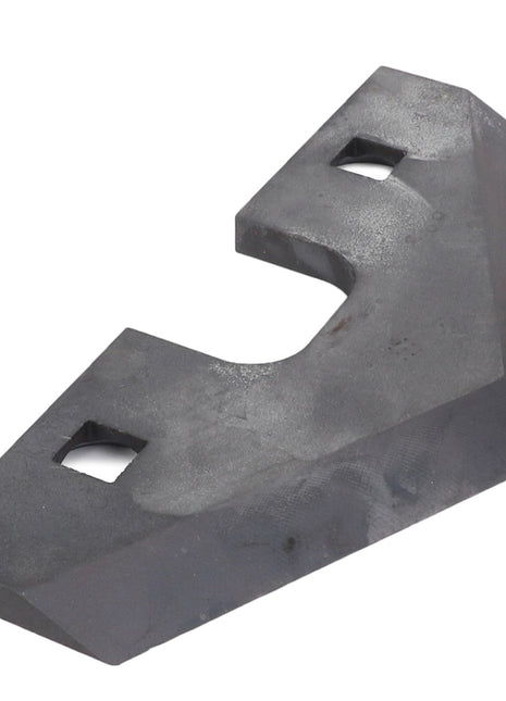 This AGCO | Stationary Knife, Baler - Acx2433400 is a triangular-shaped metal part featuring two square holes and an angled cutout. Made from the highest grades of steel by AGCO, its surface appears slightly worn.