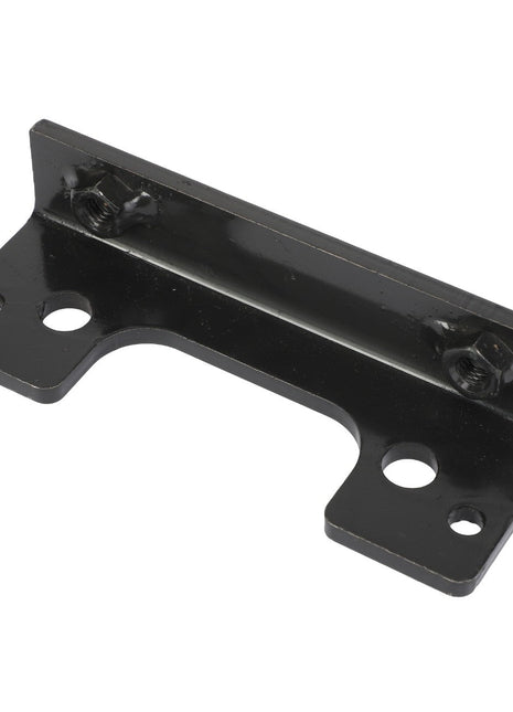 The AGCO | SUPPORT - AL5201158 is a black metal mounting bracket with multiple screw holes, specifically designed for supporting or securing an object in place.