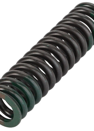 A close-up of the AGCO SPRING - AG332321, a tightly coiled metal compression spring featuring a sleek, dark finish.