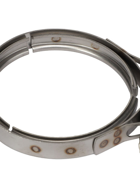 Introducing the AGCO Profile Clip - F530200100020, a metal exhaust clamp with a V-band design. Despite showing visible spots of rust and featuring a tightening bolt, it currently lacks an available product description.