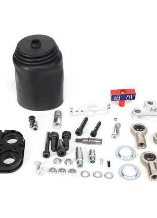 Various mechanical parts and hardware components, including bolts, nuts, washers, rods, and an AGCO joystick (part number AL5034138) arranged on a white background.