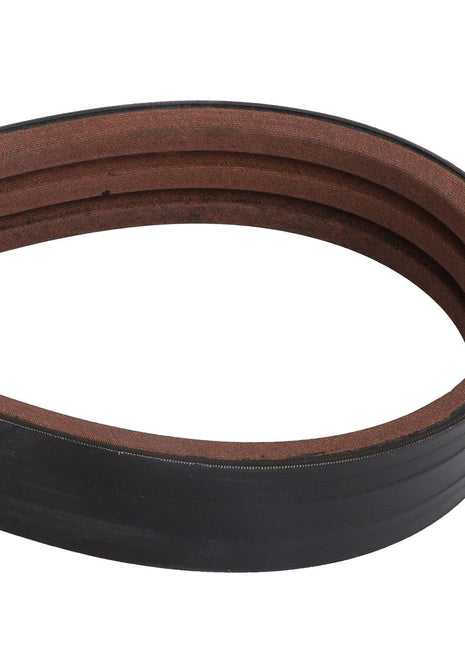 A close-up image of the AGCO Belt - Acx0070500, a black and brown automotive V-belt looped into a teardrop shape, showcasing its ribbed inner surface. No current product description information is available.