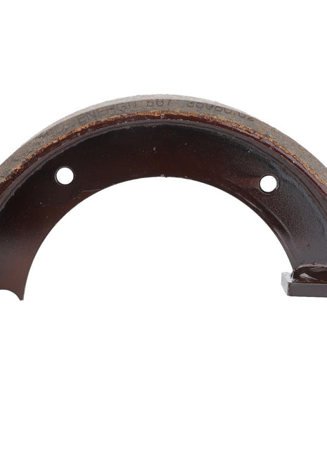 The durability of Genuine AGCO Parts designed for heavy-duty braking is exemplified by the AGCO | Brake Shoe - D46100663, a worn, semi-circular metal brake shoe equipped with two mounting holes and a brake pad attached to its curved edge.