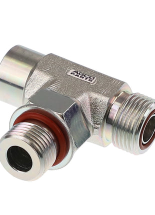 Close-up of the AGCO | TEE FITTING - CH172-5761, a metallic hydraulic hose fitting with two threaded ends and a red O-ring, showcasing its precise design and construction. Please note, no current product description information is available.