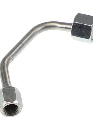 AGCO | TUBE, LEFT HAND - ACW1636070: A curved metal pipe featuring hexagonal nuts on both ends is displayed against a white background.