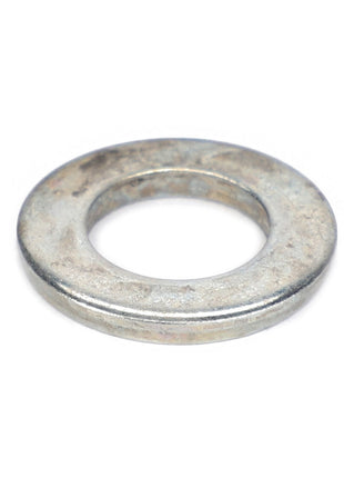 A close-up image of a circular AGCO Flat Washer - 390735X1 on a white background, exemplifying the precision associated with Massey Ferguson models. The metallic washer features a central hole.