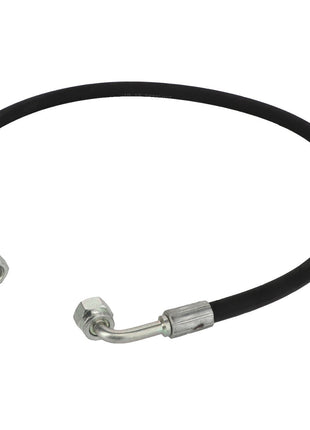 The AGCO Hydraulic Hose - Acw1861650, a black flexible hose by AGCO, features metal connectors at both ends and includes a bent section near one end.