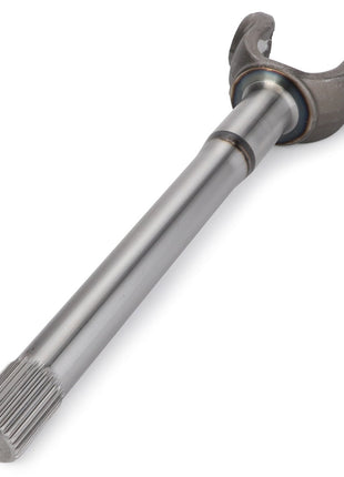 The AGCO | Fork Shaft - F184300020420 is a metallic automotive drive shaft yoke featuring a splined end and a forked opposite end, specifically designed for heavy-duty operations and efficient power transmission.