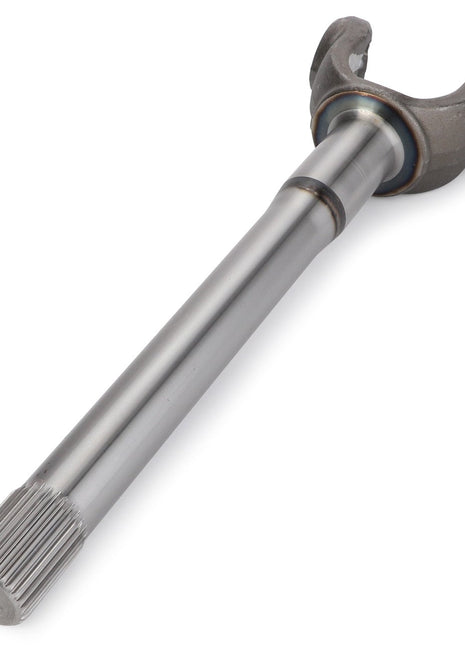 The AGCO | Fork Shaft - F184300020420 is a metallic automotive drive shaft yoke featuring a splined end and a forked opposite end, specifically designed for heavy-duty operations and efficient power transmission.