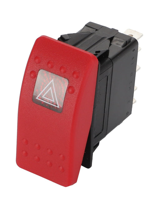 The AGCO Push-Button Switch - Acp0488380 is a black and red hazard warning switch featuring a triangle icon, commonly used in vehicles. No current product description available.