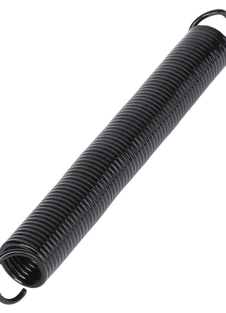 The AGCO SPRING - K1828 is a black metal compression spring with loops on both ends, designed for versatile applications.