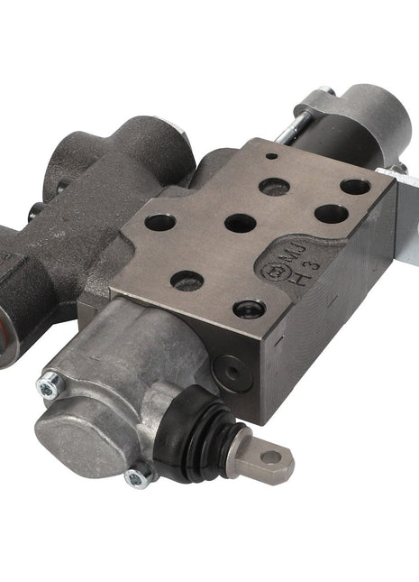 No current product description available for the AGCO | Valve - Acp0336150, a metallic, industrial hydraulic valve assembly with multiple ports and cylindrical components, meticulously designed for fluid control in machinery.