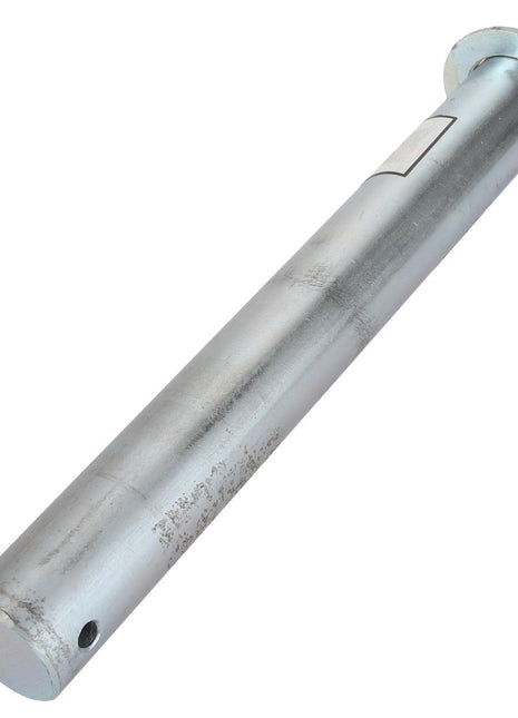 The AGCO Pin - Acp0005670 is a cylindrical metal rod with rust spots and a flange at one end, featuring small holes on both ends.